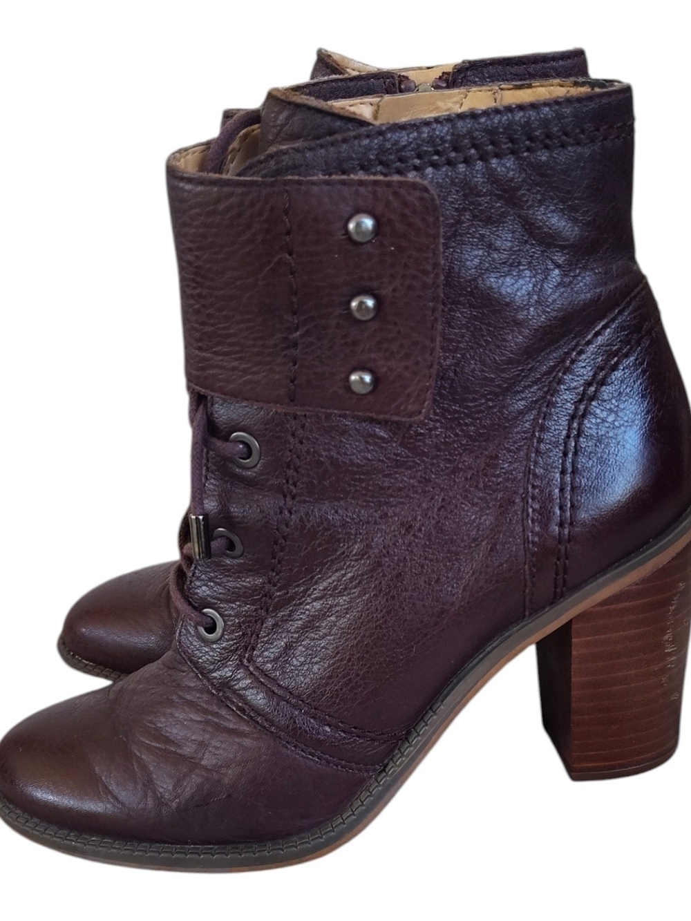 Franco Sarto Dark Brown Leather Eden Lace-Up Block Heel Ankle Boots
